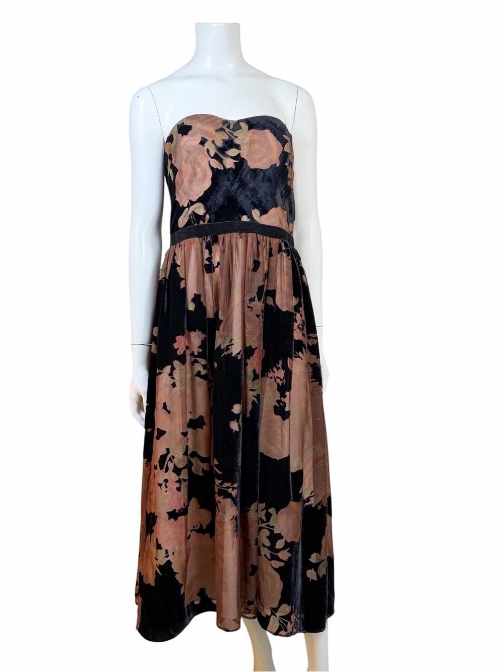 ERIN by Erin Fetherston Strapless Black and Rose-Mauve Floral Velvet Midi Dress - Picture 12 of 14